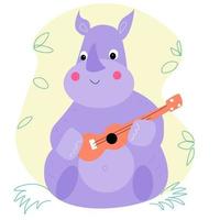 The rhino is sitting with a guitar and a cap on. vector