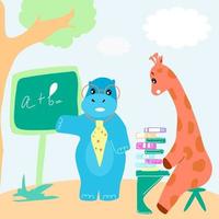 Hippo teaches giraffe math on the blackboard. vector