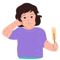 A girl with chickenpox is itching all over with a rash. vector