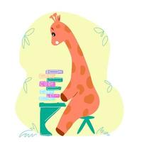 A giraffe is sitting at a desk with a mountain of textbooks. vector