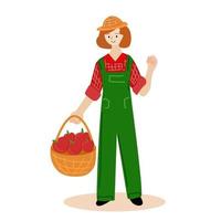 A woman in overalls in the garden with a basket of apples. vector