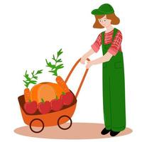 una mujer rueda un carro con calabazas, manzanas y zanahorias. vector