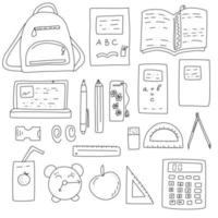 A set of school items with a satchel, books, and office supplies. vector