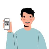 Young man is holding a mobile phone in his hand. It shows a qr code vector