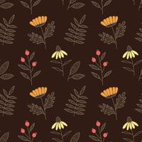 Seamless pattern with outline flowers and plants on dark brown background vector