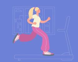 hermosa chica corriendo en una caminadora en casa. deportes en casa. concepto de estilo de vida saludable vector