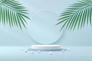 Abstract white cylinder pedestal podium. Light blue empty room with green palm leaf. blue and white sphere. Vector rendering 3d shape, Product display presentation. Pastel color minimal wall scene.