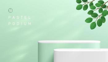 Abstract green and white round corner cube platform podium. Window lighting and green leaf. Pastel light green minimal wall scene. Vector rendering 3d shape for cosmetic product display presentation.