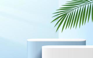 Abstract blue and white round corner cube platform podium. Window lighting and palm leaf. Pastel light blue minimal wall scene. Vector rendering 3d shape for Product display presentation.