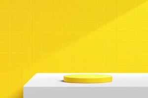 Abstract 3D white cylinder pedestal podium on the white table with yellow square tile texture wall scene. Vector rendering minimal geometric platform design in shadow for product display presentation.