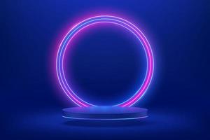 Abstract shiny blue cylinder pedestal podium. Sci-fi blue abstract room concept with circle glowing neon lighting. Vector rendering 3d shape, Product display presentation. Futuristic wall scene.