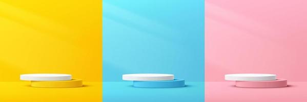 Set of abstract 3D yellow, pink, blue and white cylinder pedestal podium with lighting. Pastel minimal scene collection. Modern vector rendering geometric platform for product display presentation.