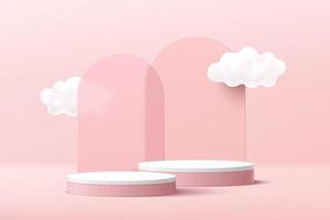 Abstract 3D pink, white cylinder pedestal podium with cloud sky and arch glass geometric backdrop. Pastel pink minimal scene. Vector rendering geometric platform for product display presentation.