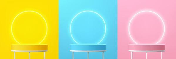 Set of abstract 3d shelf or stand podium on yellow, blue, pink wall scene pastel color with neon ring background. Vector rendering geometric shape design for cosmetic product display presentation.