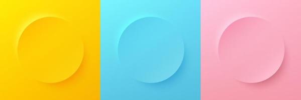 Set of abstract 3d bright yellow, blue and pink pastel color circle frame design for cosmetic product. Collection of minimal geometric background with copy space. Top view scene. Vector EPS10