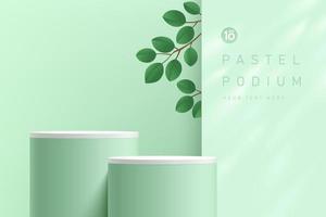 Abstract 3D light green and white cylinder pedestal podium with green leaf inside the window on the wall. Pastel green minimal wall scene. Modern vector rendering for product display presentation.