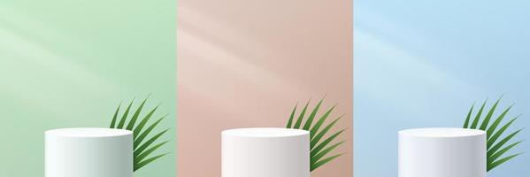 Set of abstract 3D white cylinder pedestal podium with coconut leaf and pastel green, beige and blue wall scene. Modern vector rendering geometric platform for cosmetic product display presentation.