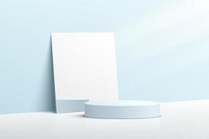 Abstract light blue 3D cylindrical pedestal podium with rectangular mirrors and illumination. Pastel blue minimalist wall scene for cosmetic product presentation. Vector geometry rendering platform.