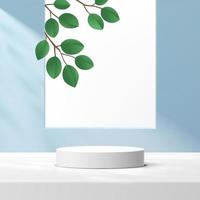 Abstract 3D white cylinder pedestal podium with green leaf in square window on light blue minimal wall scene. Vector geometric rendering platform for product display presentation.