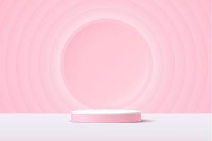 Abstract white and pink 3D cylinder pedestal podium with glowing light pink circle backdrop. Sweet pink circle pattern scene for product display presentation. Vector geometric rendering platform.