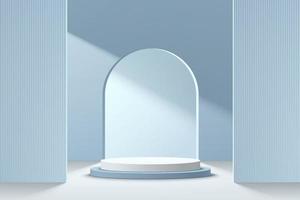 Abstract 3D light blue and white cylinder pedestal podium with arch window on the wall. Pastel blue minimal scene with geometric backdrop. Modern vector rendering platform for product presentation.