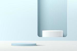 Abstract 3D blue cylinder pedestal podium with white podium in square window on light blue minimal wall scene. Vector geometric rendering platform for cosmetic product display presentation.