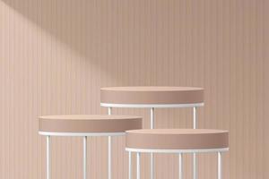 Abstract 3D beige cylinder pedestal or stand podium with vertical stripes pattern and luxury brown minimal wall scene for product display presentation. Vector geometric rendering platform.