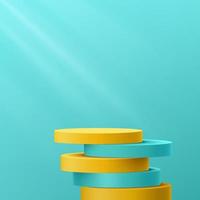 Yellow and blue green cylinder pedestal podium overlap with shadow. Light blue minimal wall scene with window lighting. Vector rendering 3d shape for product display presentation. Abstract room style.