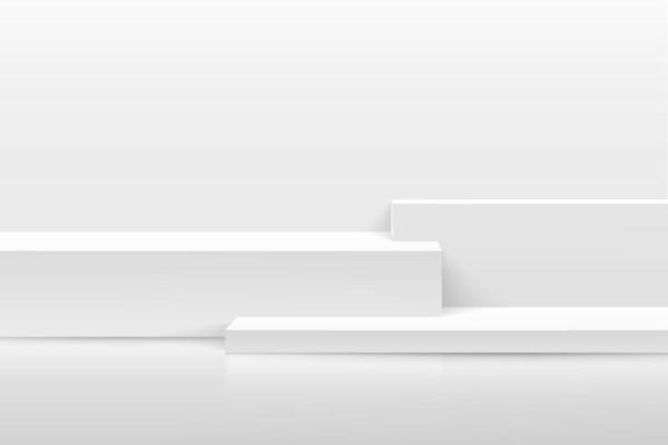 Modern white and grey cube pedestal podium. Geometric steps platform. White minimal wall scene. Vector rendering 3d shape for Product display presentation. Abstract studio room concept. EPS10 vector.