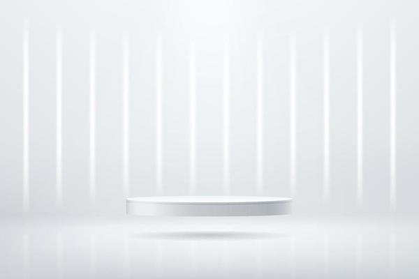 Abstract shine silver cylinder pedestal podium. Sci-fi empty room concept with vertical glowing neon lighting. Vector rendering 3d shape, Product display presentation. Futuristic minimal wall scene.