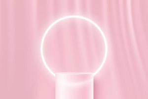 Transparent glass cylinder pedestal podium. Minimal sweet pink wall scene and glowing neon circular shape. Vector rendering 3d shape for product display presentation. Abstract room concept.