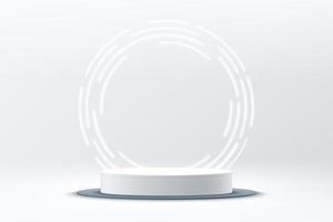 Abstract shine silver cylinder pedestal podium. Sci-fi white empty room concept with circle glowing neon lighting. Vector rendering 3d shape, Product display presentation. Futuristic wall scene.