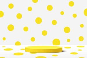 Abstract 3D yellow cylinder pedestal podium with pastel yellow polka dot wall scene on white room. Vector rendering minimal geometric platform design for cosmetics product display presentation.