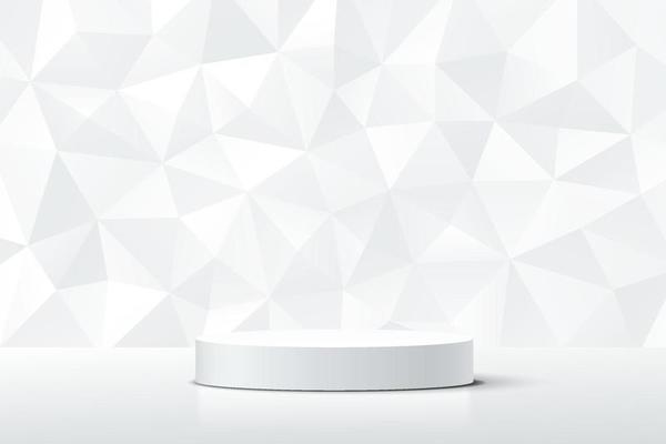 Abstract 3D white cylinder pedestal podium with white diamond texture wall scene. Low polygon background. Vector rendering minimal geometric platform design for luxury product display presentation.