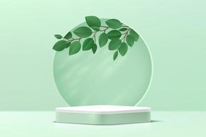 Abstract 3D light green and white round corner cube pedestal podium with leaf inside the circle on the wall. Pastel green minimal wall scene. Modern vector rendering for product display presentation.