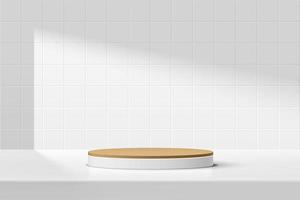 resumen 3d blanco, podio de pedestal de cilindro marrón sobre la mesa con escena de pared de textura de azulejo cuadrado blanco. representación vectorial diseño de plataforma geométrica mínima en la sombra para la presentación de productos. vector