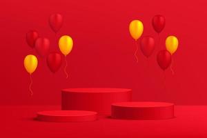 Abstract 3D red cylinder pedestal or podium with red and yellow balloons. Dark red minimal wall scene for cosmetics product display presentation. Vector rendering geometric platform design.