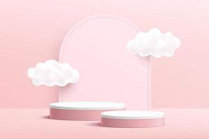 podio de pedestal de cilindro 3d rosa y blanco abstracto con cielo nuboso y fondo geométrico de arco. escena de pared mínima rosa dulce. plataforma geométrica de representación vectorial para la presentación de productos de San Valentín. vector