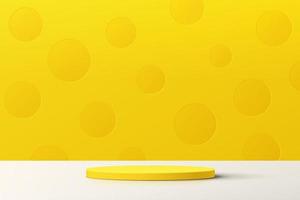 Abstract 3D yellow cylinder pedestal podium with pastel yellow polka dot minimal wall scene. Vector rendering geometric platform design for cosmetics product display presentation.