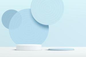 Abstract 3D white, blue cylinder pedestal podium with blue circle glass overlap layers backdrop. Pastel blue minimal wall scene for product display presentation. Vector geometric rendering platform.