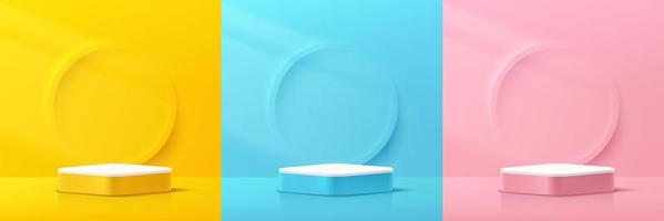 Set of abstract 3D yellow, pink, blue, white round corner cube pedestal podium with circle emboss texture wall scene. Pastel room collection. Modern vector rendering for product display presentation.