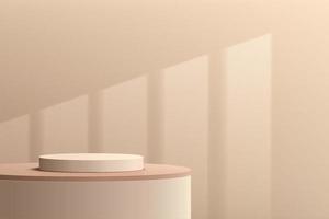 Abstract 3D beige cylinder pedestal podium with cream-brown wall scene and window lighting. Modern geometric rendering platform minimal design for cosmetic product display presentation. Vector eps10