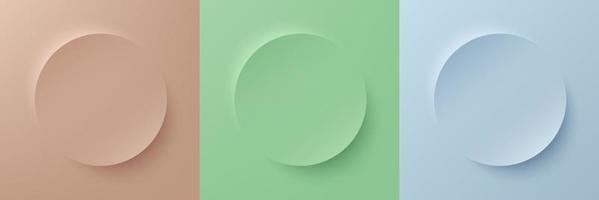 Set of abstract 3d beige, light green and blue pastel color circle frame design for cosmetic product. Collection of trendy color geometric background with copy space. Top view scene. Vector EPS10