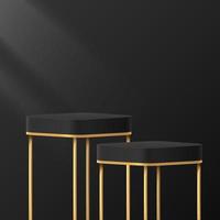 Abstract 3D black and gold round corner cube pedestal or stand podium with luxury dark minimal wall scene for product display presentation. Vector geometric rendering platform design.