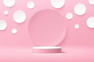 White cylinder pedestal podium. Sweet pink minimal wall scene with circle backdrop. White polka dot pattern paper cut style. Vector rendering 3d shape, Product display presentation. Abstract design.