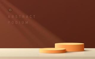 Abstract dark orange cylinder platform podium. Window lighting. Brown and beige color minimal wall scene. Geometric pedestal with shadow. Vector rendering 3d shape for Product display presentation.