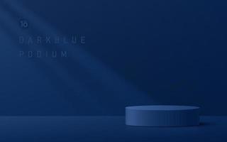 Abstract dark blue cylinder platform podium with copy space. Window lighting. Luxury minimal wall scene. Geometric pedestal with shadow. Vector rendering 3d shape for Product display presentation.