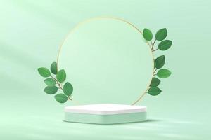 Abstract green and white round corner cube platform podium. Circle backdrop and green leaf. Pastel light green minimal wall scene. Vector rendering 3d shape for cosmetic product display presentation.