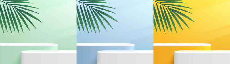 Set of abstract yellow, blue, green, white round platform podium. Window lighting. Green palm leaf. Pastel minimal wall scene collection. Vector rendering 3d shape for product display presentation.