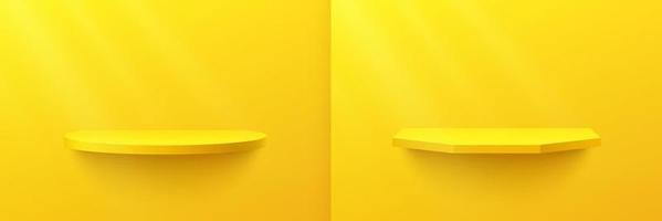 Bright yellow cylinder and hexagon shelf set, Pedestal Podium. Yellow orange wall scene with window lighting. Vector rendering 3d shape, Product display presentation. Abstract studio room concept.